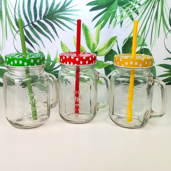 Set of 3 Polka Dot Country Style Mason Jar Drinking Mugs - Picture 1 of 9